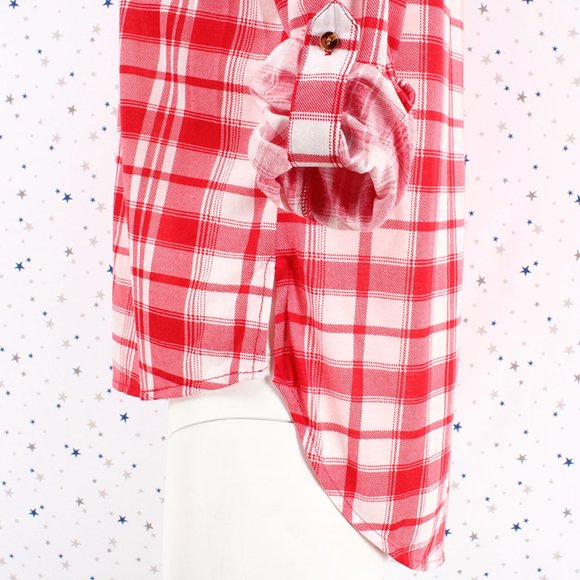 Knit Plaid Button Up Shirt Hi Lo Hem Red Off White - Picture 6 of 8